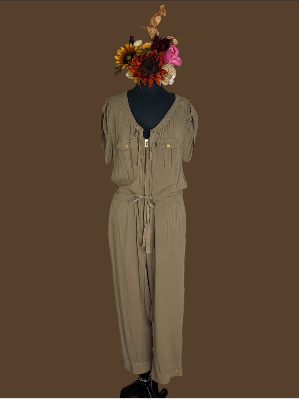 Armani Exchange Olive Utility Jumpsuit with Tie Waist